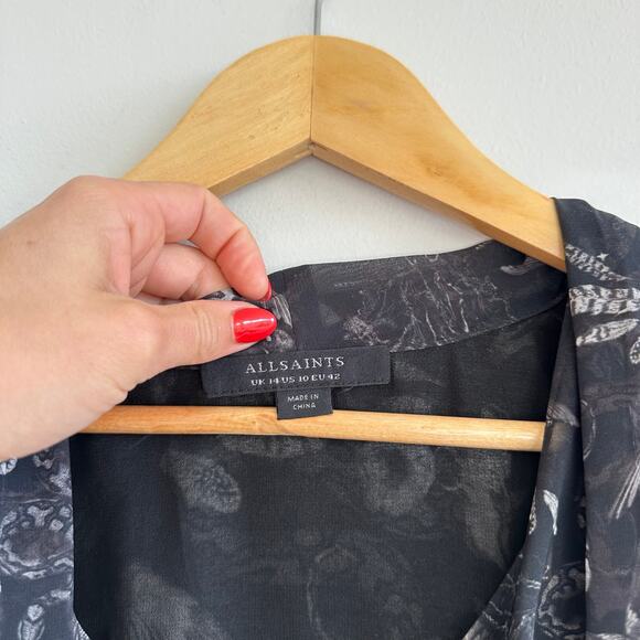 ALLSAINTS Abi Somnium Asymmetrical Draped Botanical Print Top Black 10 - Picture 5 of 11